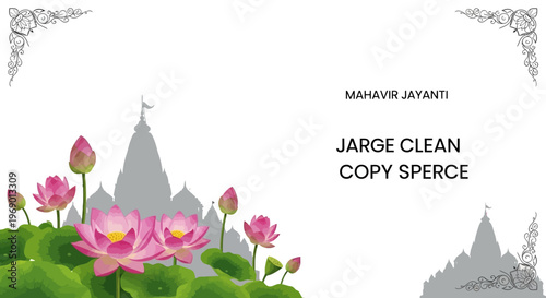 A Mahavir Jayanti social media template featuring pink lotus flowers and temple silhouettes against a clean white background, designed as an April festival post template for India