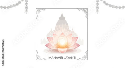 An ornate vector design for a Mahavir Jayanti social media post features a stylized lotus flower and Jain temple silhouette inside a decorative frame, conveying a sense of cultural