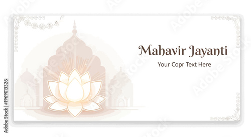 A delicate vector illustration presents a Mahavir Jayanti social media banner, featuring a lotus flower and temple silhouette against a clean white background with decorative floral