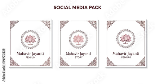 A Jain festival social media pack presents a Mahavir Jayanti Instagram post template, featuring a minimalist square design adorned with floral decorations and set against a clean, white