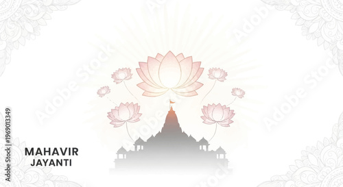 A Jain festival social media template featuring a temple illustration and stylized lotus flowers against a clean white background, evoking a sense of peace and reverence for Mahavir Jayanti