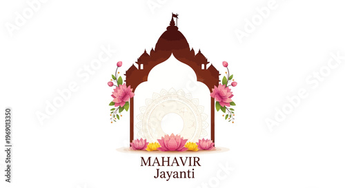 A Mahavir Jayanti social media banner features a decorative floral frame with Hindu temple architecture, all in a vibrant color palette against a clean white background