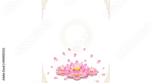 Floral Mahavir Jayanti social media template featuring pink lotus flowers and petals with decorative temple architecture accents in a bright, celebratory style, ideal for an April festival