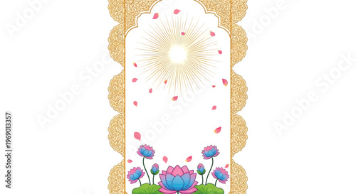 An ornate Mahavir Jayanti Instagram post template features a decorative golden frame with floral accents, framing a central space for text and imagery above lotus flowers in a reverent