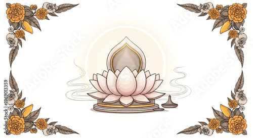 A vector illustration features a lotus flower and Jain temple design, creating a Mahavir Jayanti social media template with floral decorations in a square format, conveying a sense