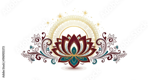 A decorative floral Mahavir Jayanti template features a lotus flower with floral designs and temple architecture accents, designed as a vector illustration with a vibrant color palette