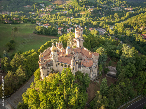 Rocchetta Mattei fortress drone view at sunset