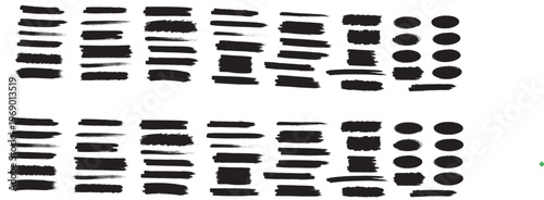 A grid display of various black ink brush strokes and oval shapes on a plain white background surface