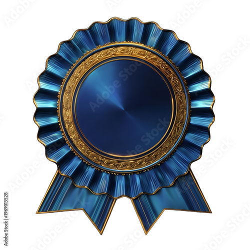 a realistic 3D medal badge front view round gold rim with fine engraving glossy deep blue center with subtle gradient shine detailed scalloped ribbon rosette in metalli