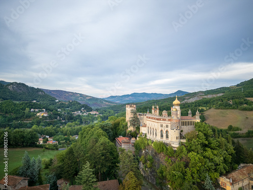 Aerial sunset at Rocchetta Mattei castle Italy