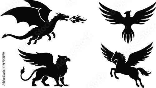 Mythical creature fantasy silhouettes collection solid black shapes