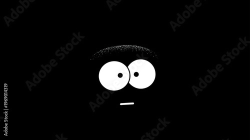 Stylized cartoon character face with wide, curious eyes and a simple mouth in black and white against a dark background.