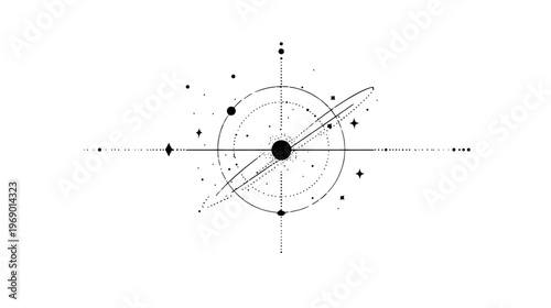 Minimalist abstract black and white cosmic illustration. Geometric celestial body with orbits and stars, universe concept.