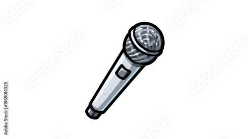 Hand-drawn cartoon microphone illustration. Silver vocal mic for music, singing, public speaking, podcasting, and audio recording.