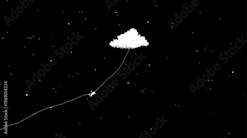 Dreamy illustration of a small figure tethered to a whimsical cloud, floating in a vast starry night sky, imagination.