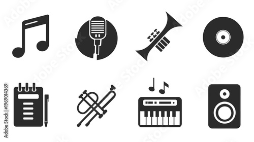 Music Icons Set - Silhouettes of Musical Instruments, Audio Equipment, and Notes for Design Projects