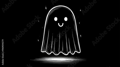 Whimsical friendly white ghost illustration with happy face and sparkles, floating on a dark black background, cartoon spirit art.
