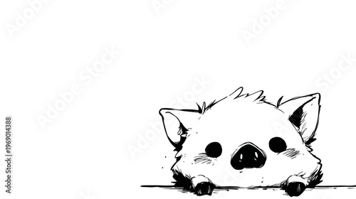 Cute Cartoon Wild Boar Piglet Peeking Over Edge, Black and White Hand Drawn Sketch Illustration, Adorable Baby Animal