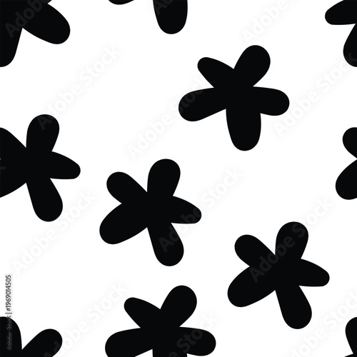 Seamless hand drawn black star pattern on white background. Minimal playful repeat design ideal for fabric prints, packaging, stationery, and modern branding.