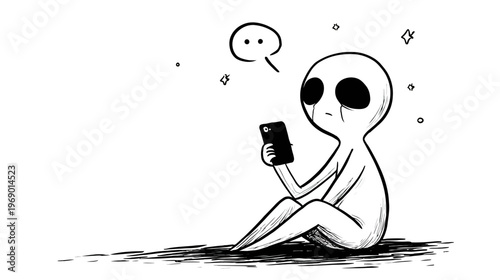 Minimalist cartoon character absorbed by smartphone screen, symbolizing digital addiction, social isolation, and deep contemplation.