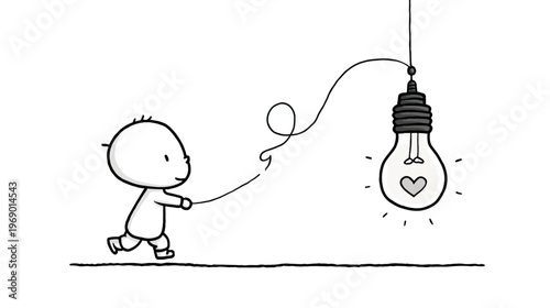 Hand-drawn child finds creative inspiration: little person chasing a glowing light bulb with a heart, symbolizing discovery and love.