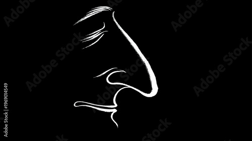Contemplative human face profile illustration in elegant white lines on a black background, minimalist art
