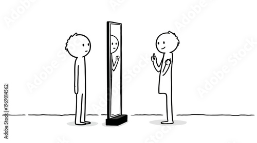 Simple cartoon figure looking into a mirror, seeing a confident and positive reflection, symbolizing self-love and self-perception.