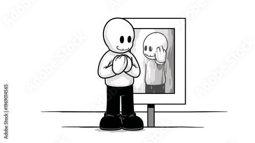 Cartoon character with serene posture facing mirror showing hidden sadness and inner turmoil, mental health concept, duality