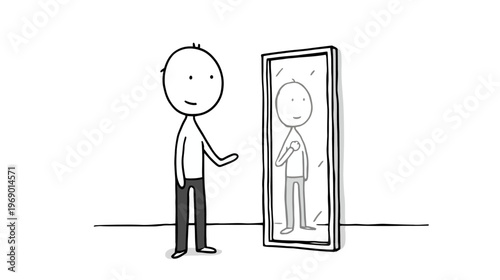 Hand-drawn illustration of a simple stick figure character looking into a mirror, symbolizing self-reflection, identity, and self-awareness.