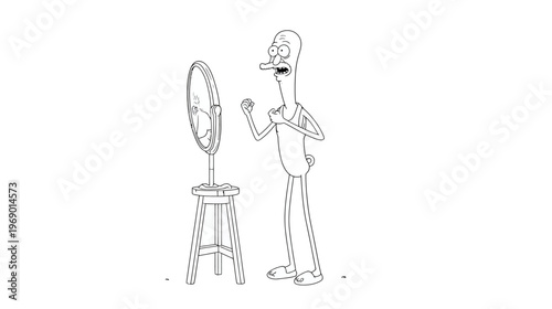 Funny cartoon character practices singing and performing into a mirror, a whimsical line art illustration of self-expression and aspiration.