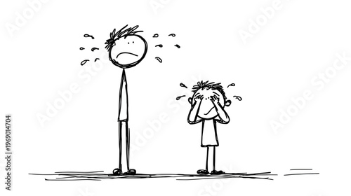 Cartoon stick figures of an adult and child crying with tears, expressing sadness, emotional distress, unhappiness, and family problems
