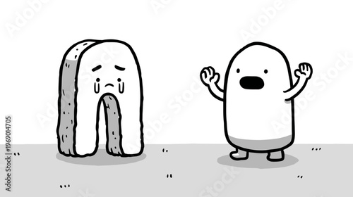 Whimsical cartoon character crying with profound sadness, while another reacts in surprised concern, in a minimalist black and white illustration.