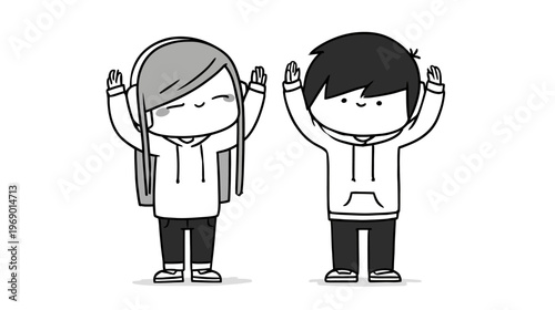 Cute cartoon boy and girl characters with raised hands, smiling happily in a simple black and white doodle style, symbolizing friendship and youth.