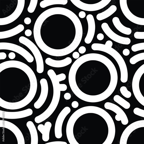 Seamless circle and abstract doodle pattern in white on black background. Bold minimalist repeat design ideal for fabric prints, packaging, stationery, and modern branding.