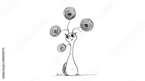 Cute whimsical cartoon alien character illustration with spiral antennae, big eyes, and quirky expression. Hand-drawn line art.