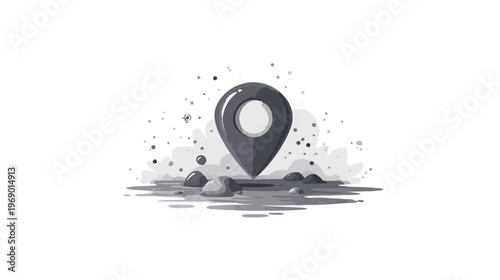 Grayscale Map Pin Icon: Location Marker on Ground with Particles, GPS Pointer for Navigation and Destination