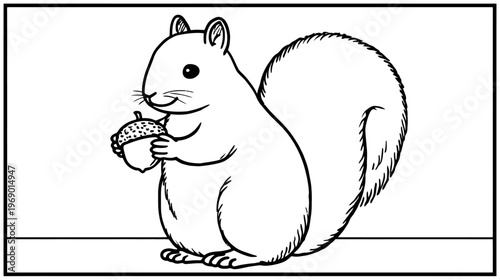 Cute Squirrel Holding Acorn Hand-Drawn Black and White Line Art Illustration, Cartoon Style for Nature and Wildlife Concepts