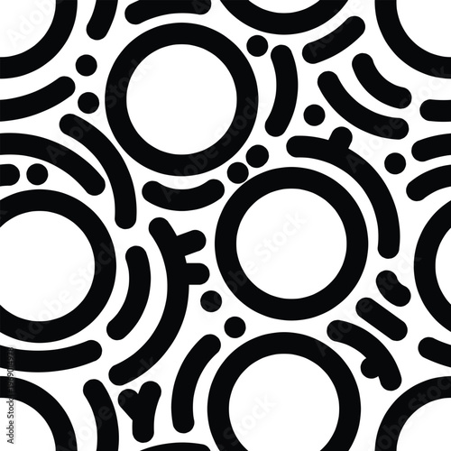 Seamless circle and abstract doodle pattern in black on white background. Clean minimalist geometric repeat design ideal for fabric prints, packaging, and stationery.