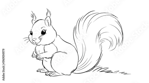 Cute Cartoon Squirrel Line Art Drawing, Black and White Outline Illustration of a Woodland Rodent, Forest Animal Sketch