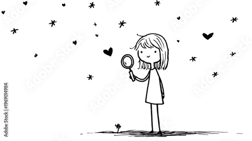 Cute hand-drawn girl with magnifying glass discovering floating hearts and stars in a whimsical, dreamy illustration.