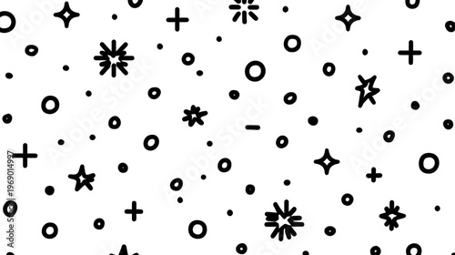 Hand-drawn seamless pattern with doodle stars, dots, circles, and crosses on a white background. Cute monochrome geometric texture.