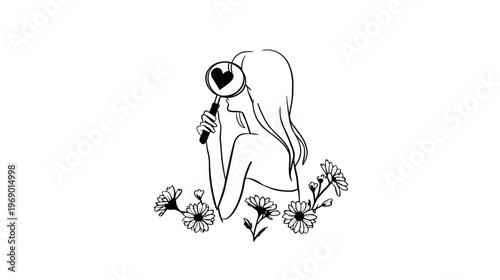 Minimalist line art of a woman discovering self-love through a magnifying glass with a heart, surrounded by blooming flowers