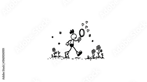 Black and white illustration of a whimsical stick figure child exploring nature with a magnifying glass in a field of flowers.