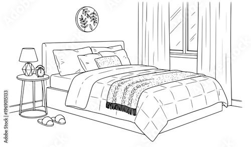 Cozy bedroom morning line art coloring page with bedside clock and lamp black and white vector isolated on white background