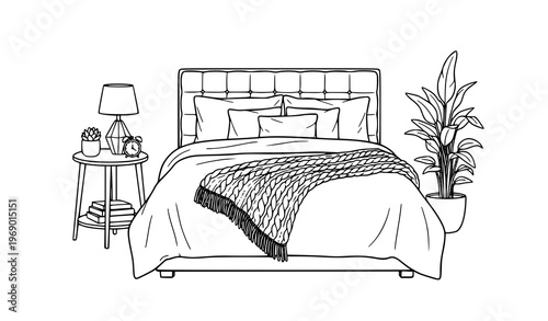 Charming cozy bedroom line art with bedside lamp and alarm clock coloring page vector isolated on white background