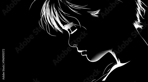 Pensive young man profile illustration, black and white high contrast drawing, stylized graphic art depicting introspection, sadness, and deep thought.