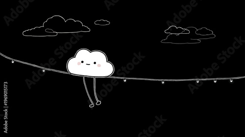Cute Cartoon Cloud Character Sitting on String Lights in a Dark Night Sky, Whimsical Hand-Drawn Minimalist Illustration