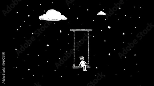 Dreamy monochrome illustration of a solitary figure swinging gently under a vast starry night sky with whimsical clouds.