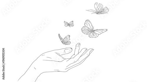 Minimalist line art illustration of a hand releasing butterflies, symbolizing freedom, hope, and new beginnings.