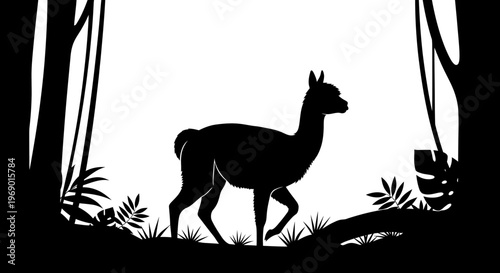 Silhouette of a llama walking through a forest clearing design